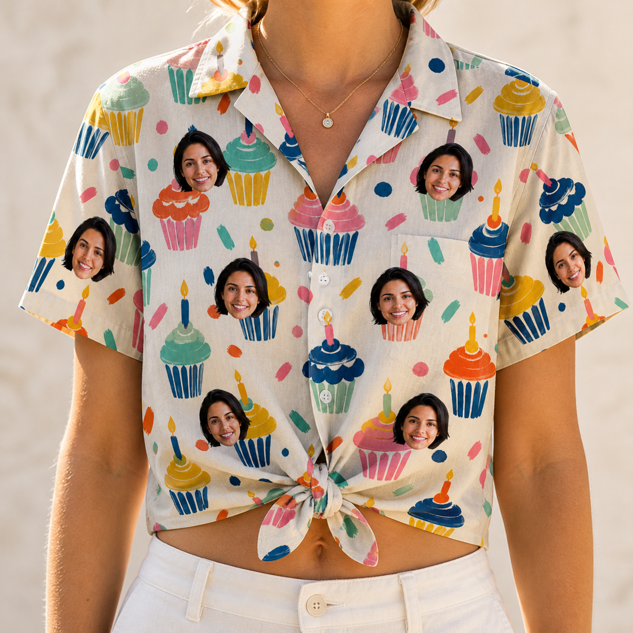 Woman wearing Women's Sweet Stackers Custom Face Hawaiian Shirt tied at the waist