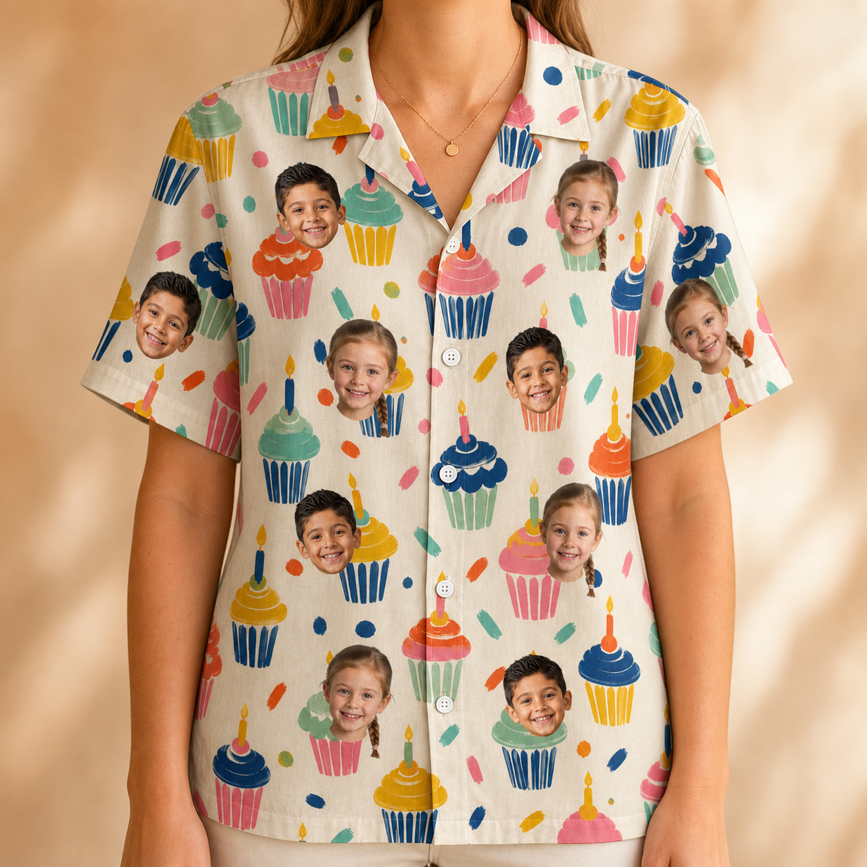 Model wearing Women's Sweet Stackers Custom Face Hawaiian Shirt printed with kids' faces