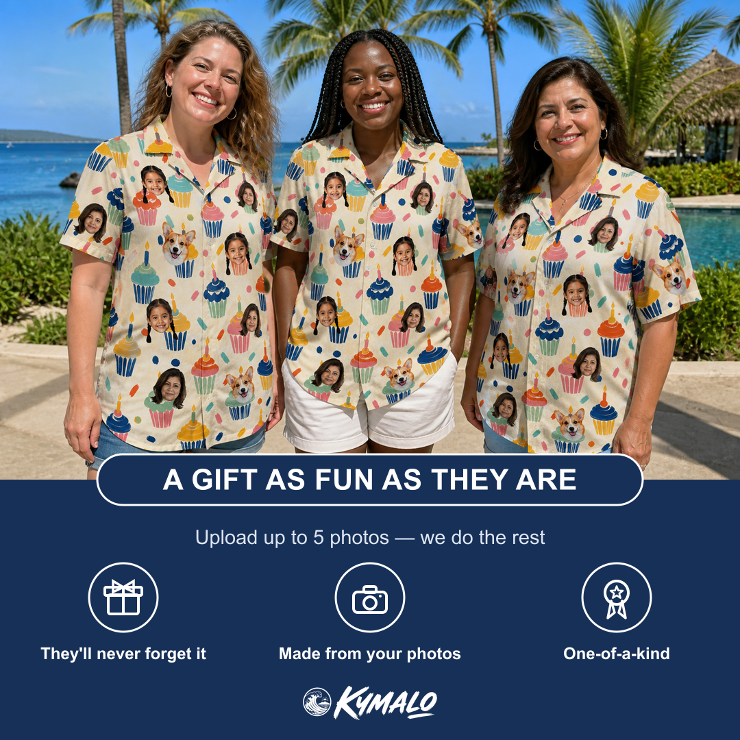 Friends in matching Women's Sweet Stackers Custom Face Hawaiian Shirt — a group gift photo