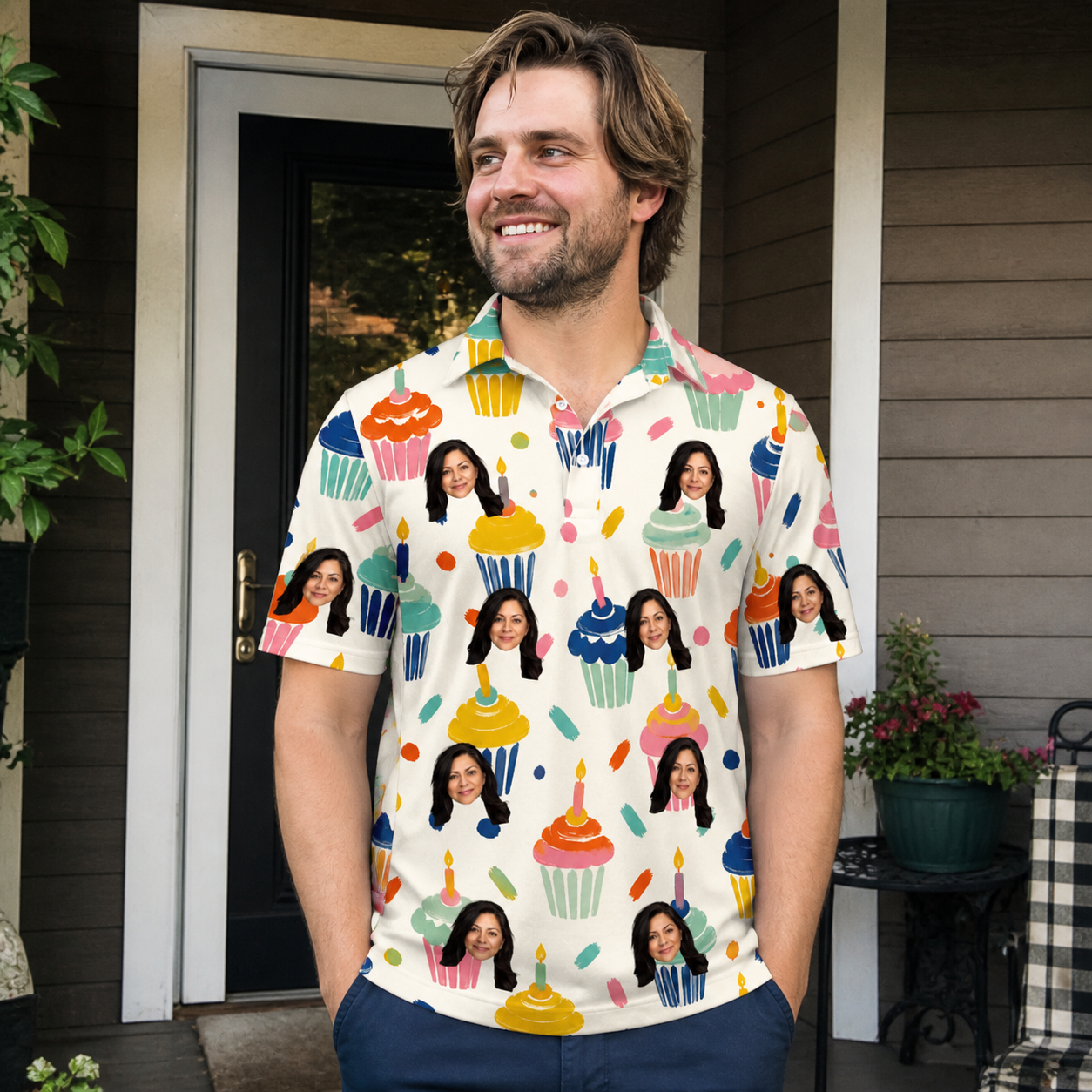 Real-life photo of someone wearing Men's Sweet Stackers Custom Face Polo Shirt — custom faces printed all-over