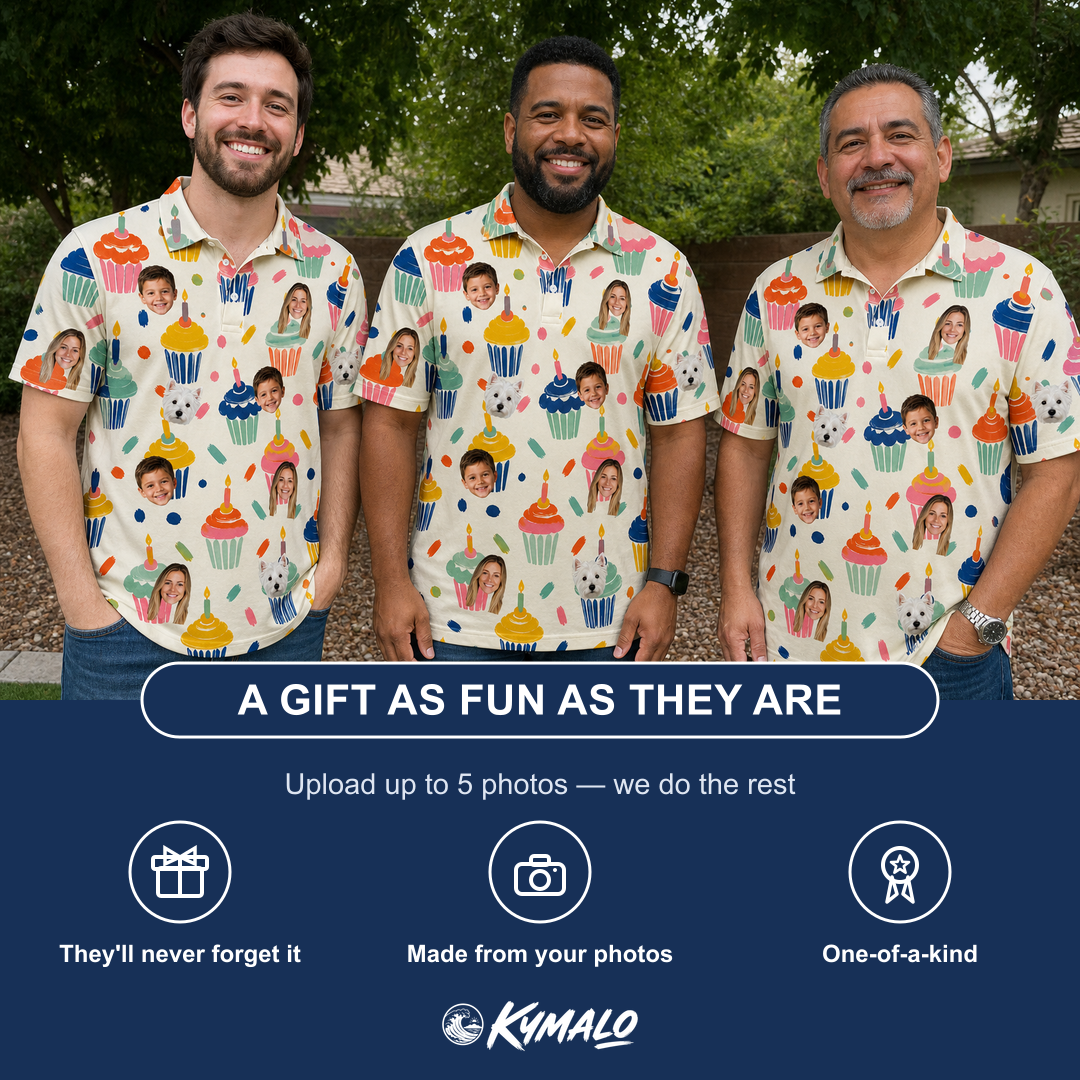 Friends in matching Men's Sweet Stackers Custom Face Polo Shirt — a group gift photo