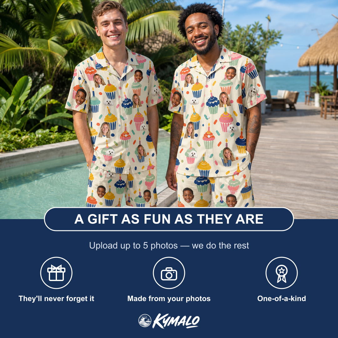 Friends in matching Men's Sweet Stackers Custom Face Shirt & Shorts Set — a group gift photo
