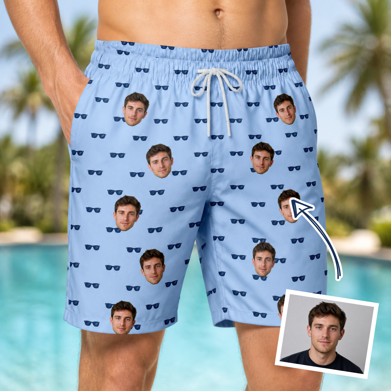 Man wearing Men's Flirt Filters Custom Face Beach Shorts — custom faces printed all-over