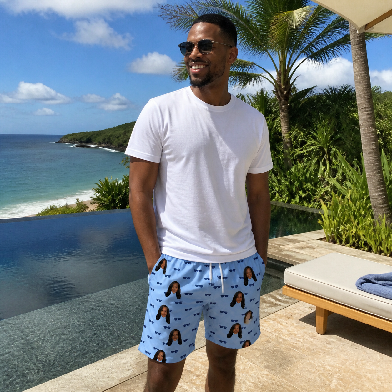Real-life photo of someone wearing Men's Flirt Filters Custom Face Beach Shorts — custom faces printed all-over