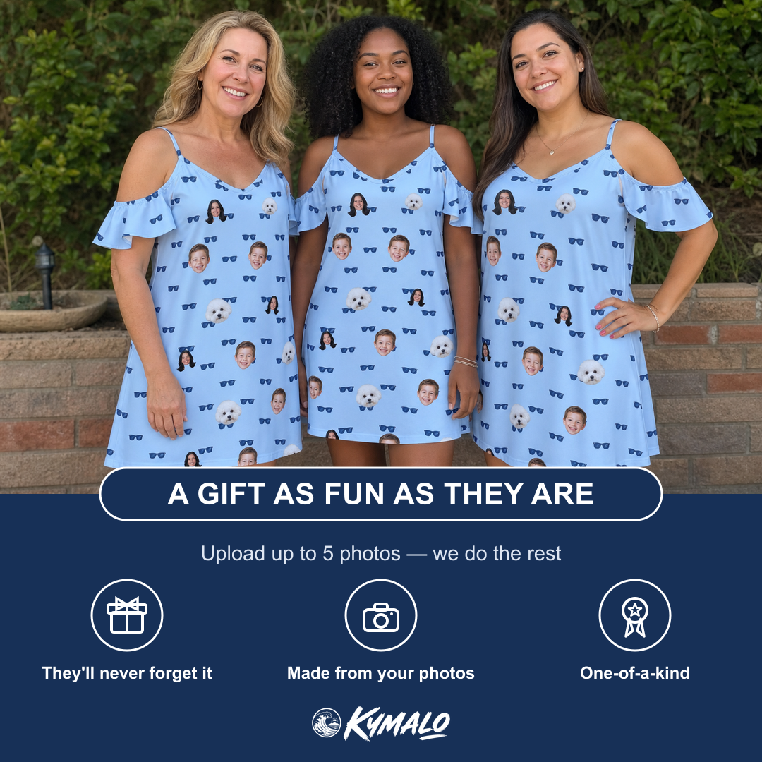 Friends in matching Women's Flirt Filters Custom Face Off-Shoulder Dress — a group gift photo