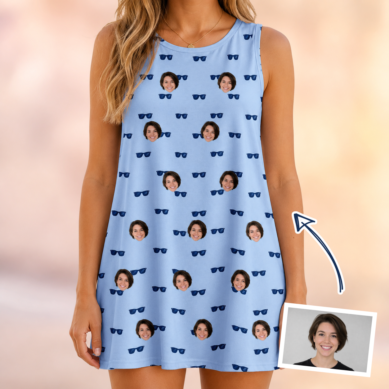 Woman wearing Women's Flirt Filters Custom Face Tank Dress — custom faces printed all-over