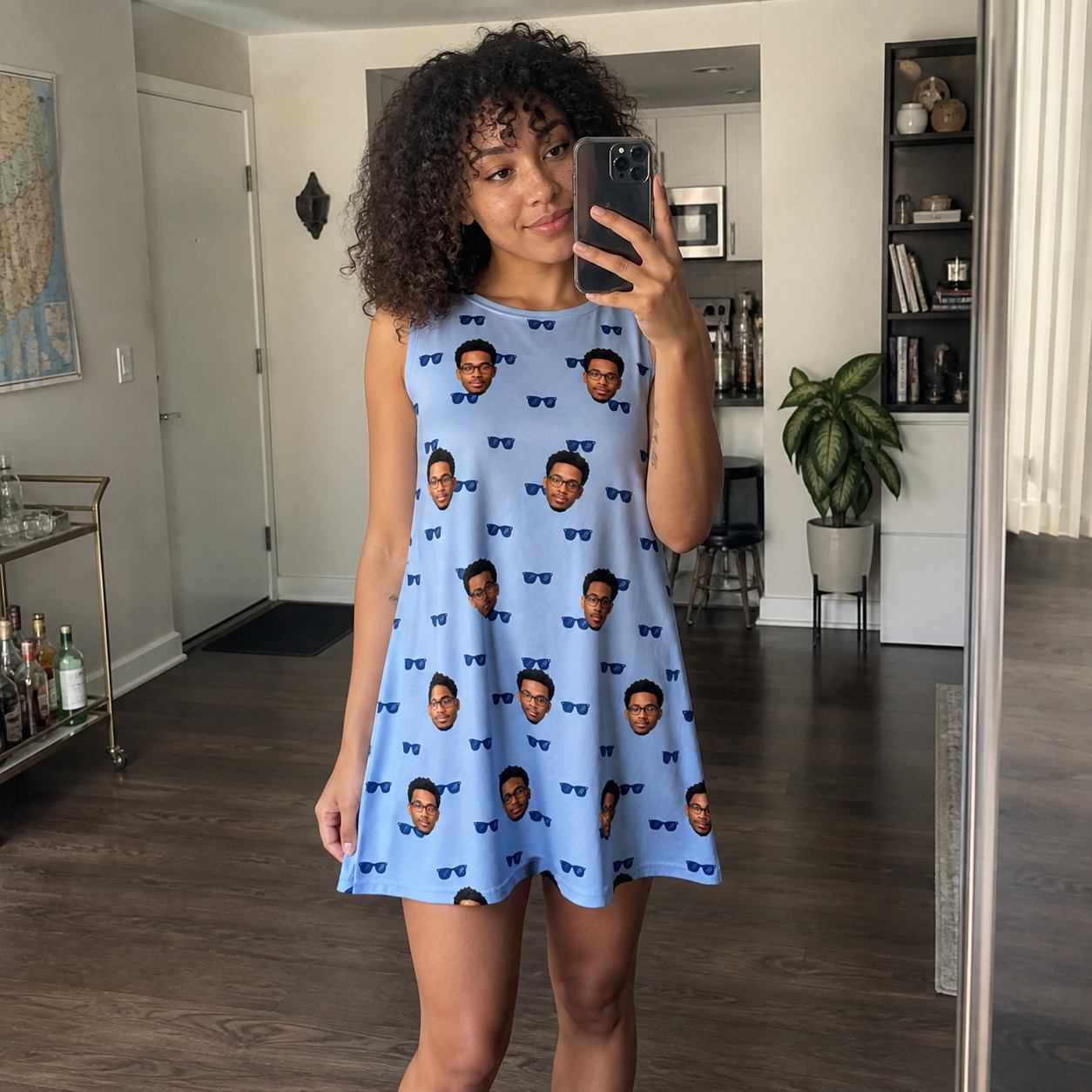 Real-life photo of someone wearing Women's Flirt Filters Custom Face Tank Dress — custom faces printed all-over