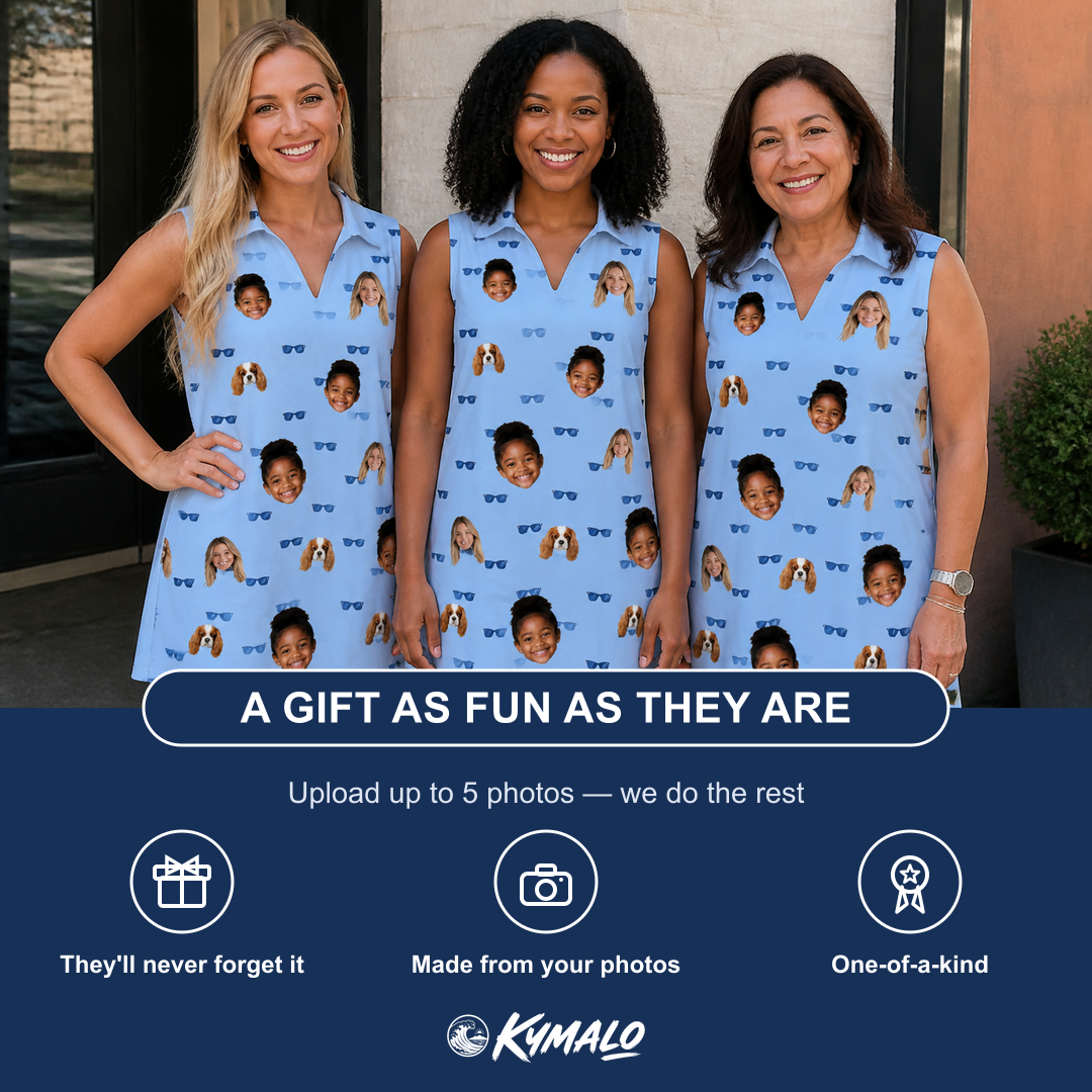 Friends in matching Women's Flirt Filters Custom Face V-Neck Dress — a group gift photo