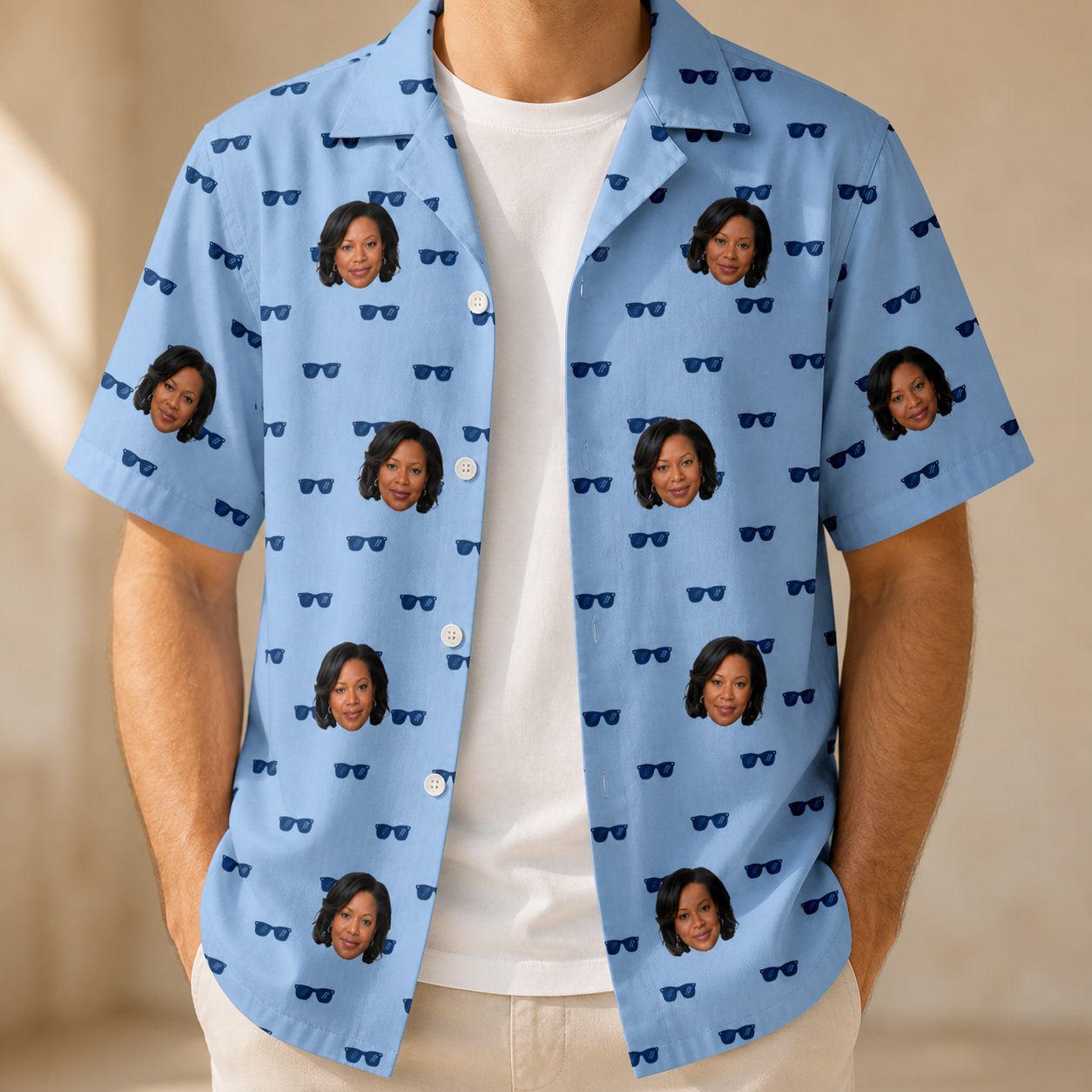 Man wearing Men's Flirt Filters Custom Face Hawaiian Shirt open over a white tee