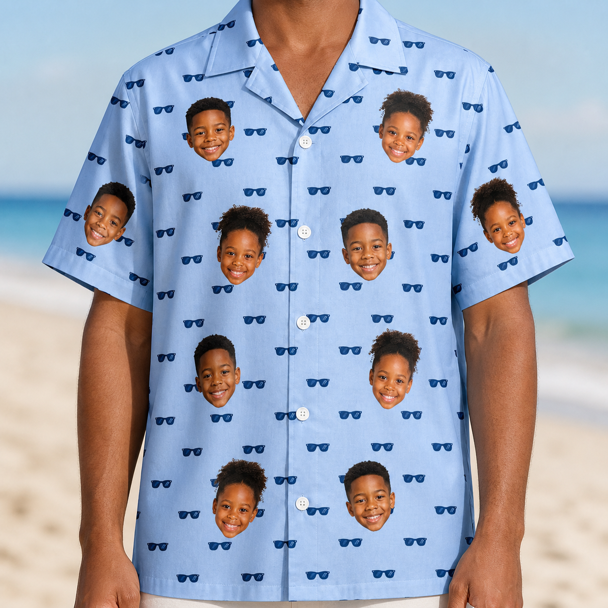 Model wearing Men's Flirt Filters Custom Face Hawaiian Shirt printed with kids' faces