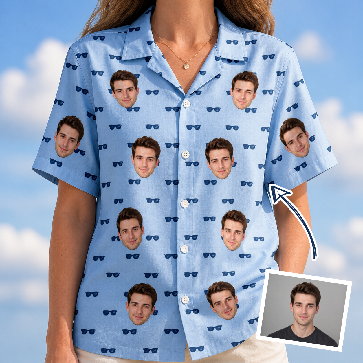 Woman wearing Women's Flirt Filters Custom Face Hawaiian Shirt — custom faces printed all-over