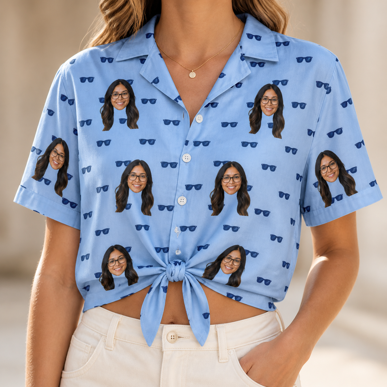 Woman wearing Women's Flirt Filters Custom Face Hawaiian Shirt tied at the waist
