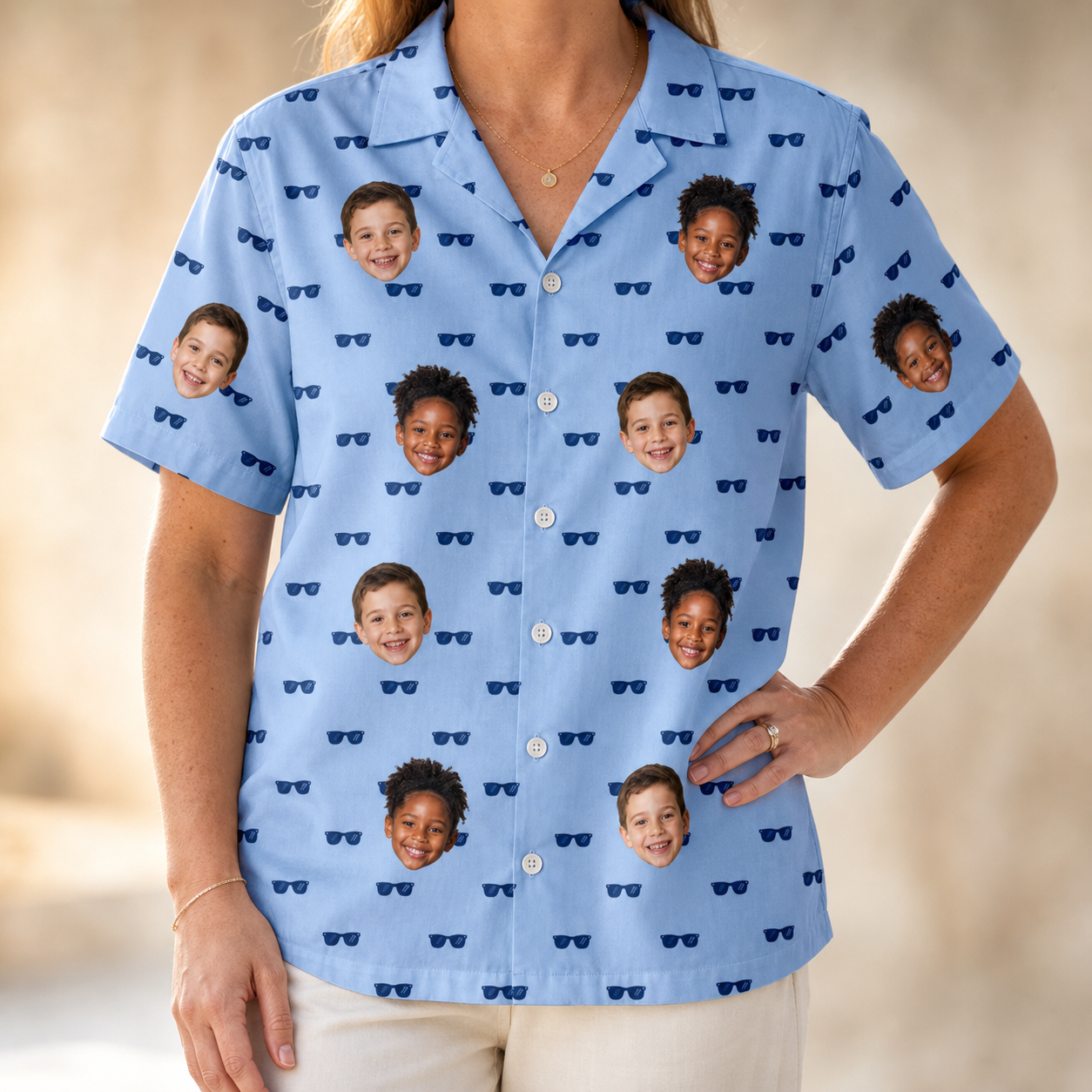 Model wearing Women's Flirt Filters Custom Face Hawaiian Shirt printed with kids' faces