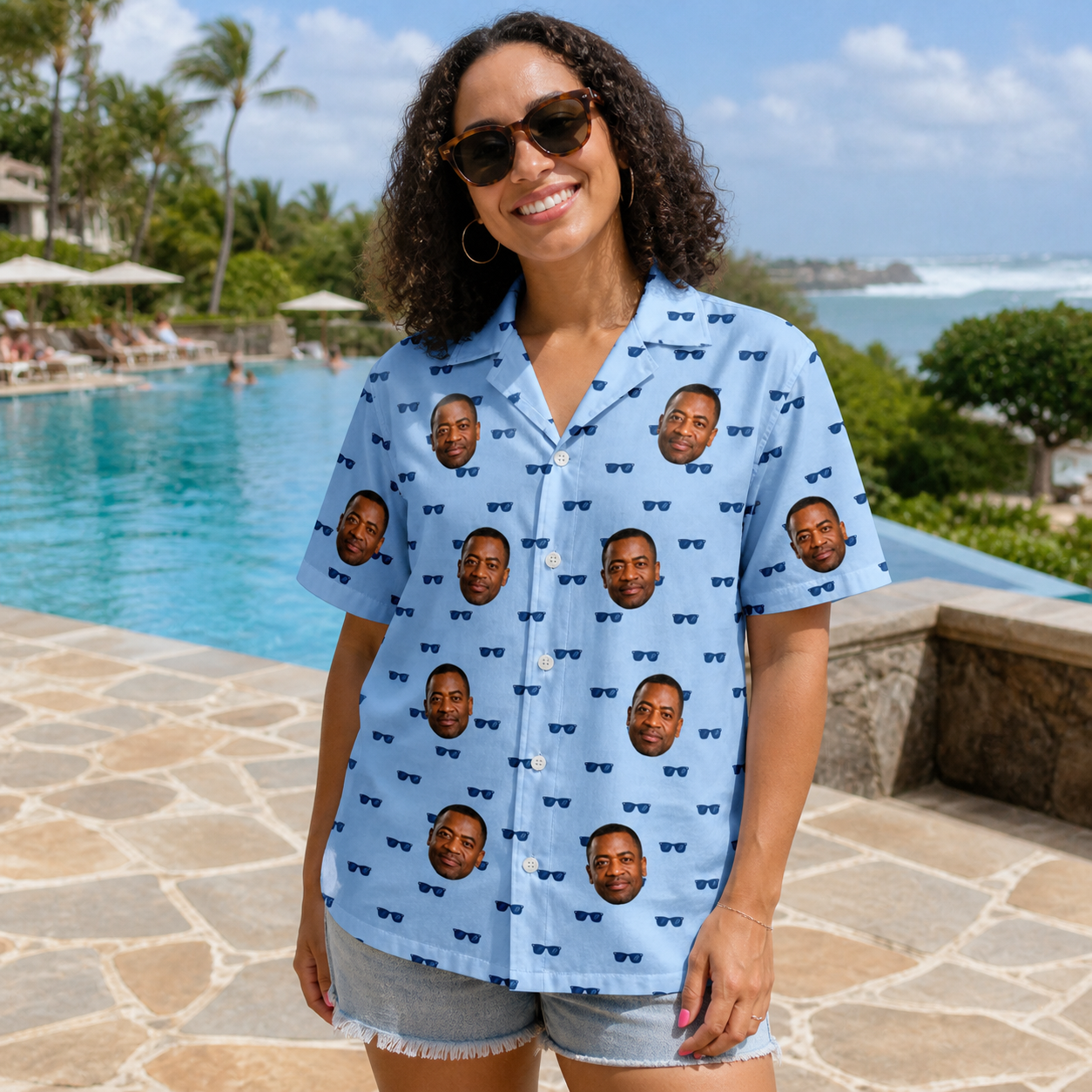 Real-life photo of someone wearing Women's Flirt Filters Custom Face Hawaiian Shirt — custom faces printed all-over