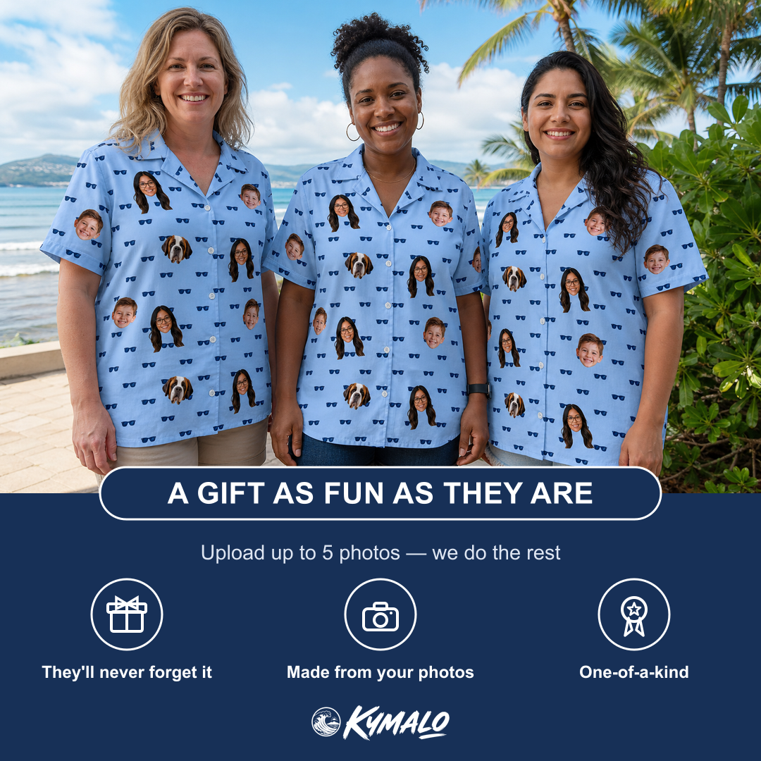 Friends in matching Women's Flirt Filters Custom Face Hawaiian Shirt — a group gift photo