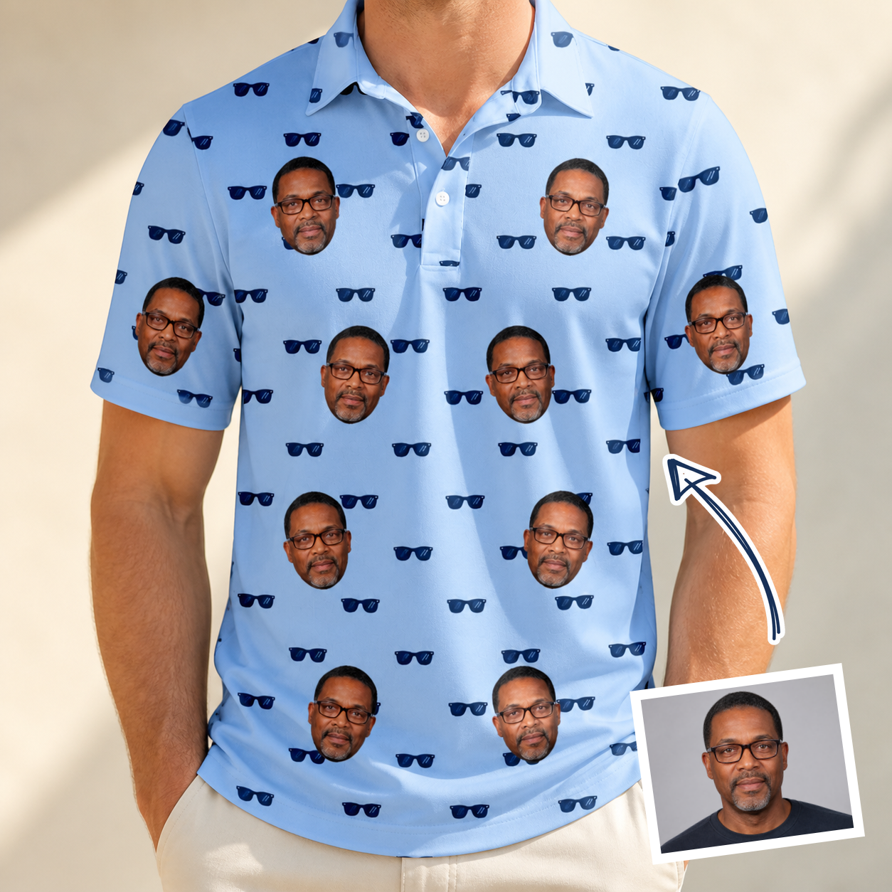 Man wearing Men's Flirt Filters Custom Face Polo Shirt — custom faces printed all-over