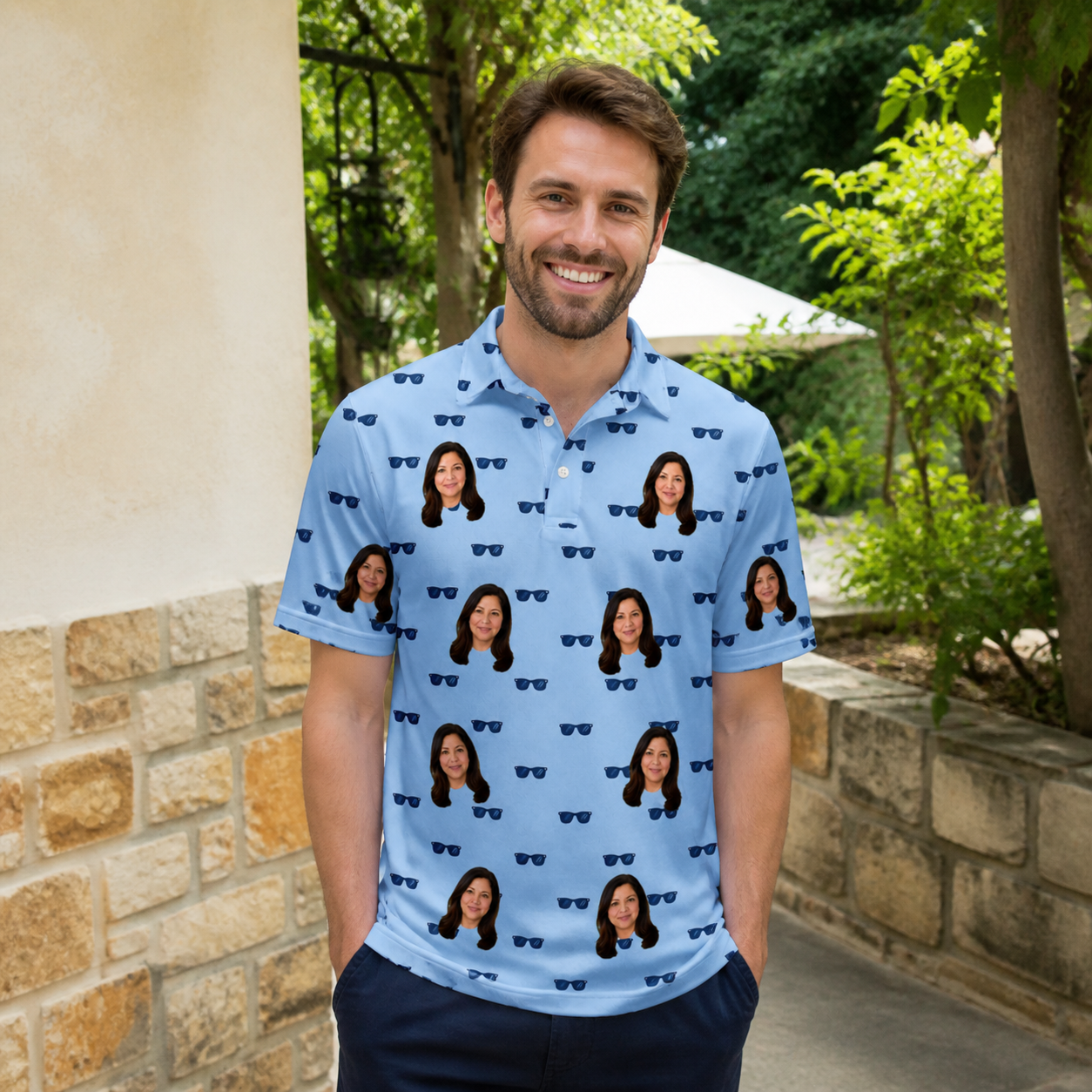 Real-life photo of someone wearing Men's Flirt Filters Custom Face Polo Shirt — custom faces printed all-over