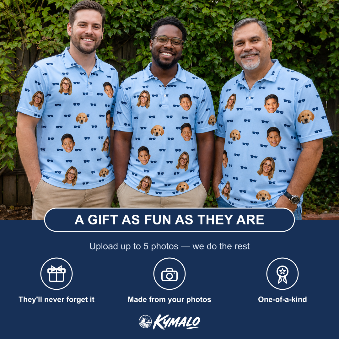 Friends in matching Men's Flirt Filters Custom Face Polo Shirt — a group gift photo