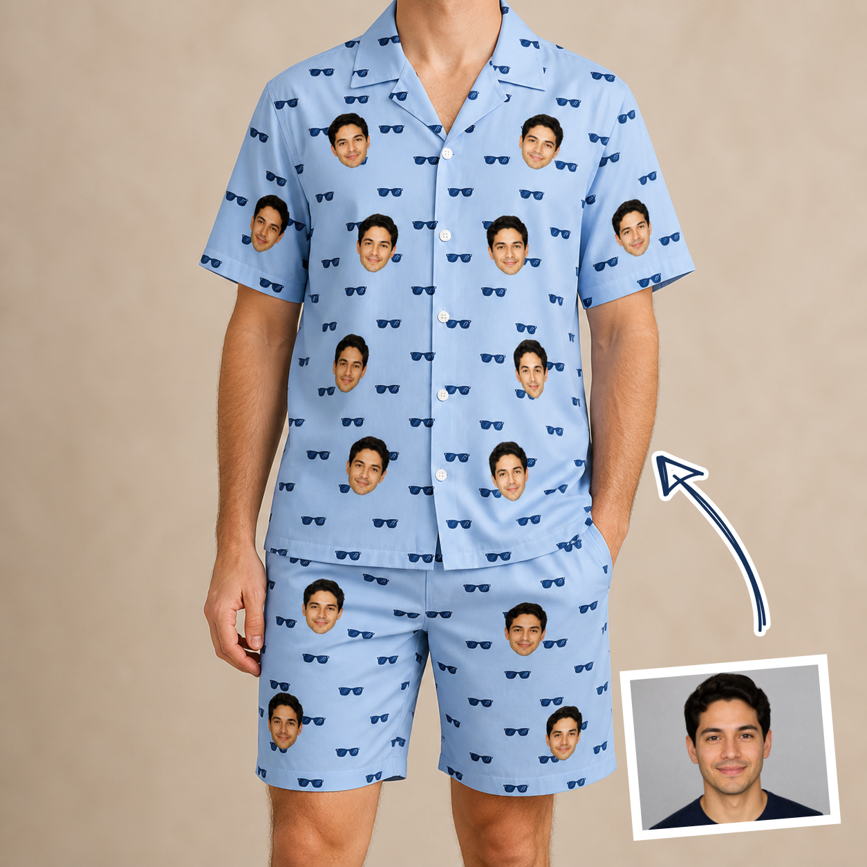 Man wearing Men's Flirt Filters Custom Face Shirt & Shorts Set — custom faces printed all-over