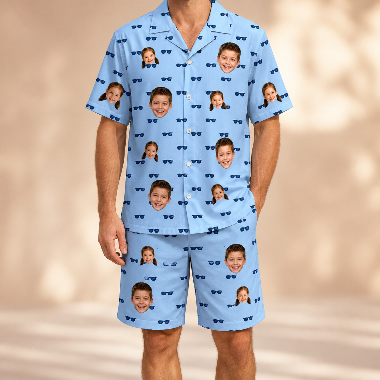 Model wearing Men's Flirt Filters Custom Face Shirt & Shorts Set printed with kids' faces