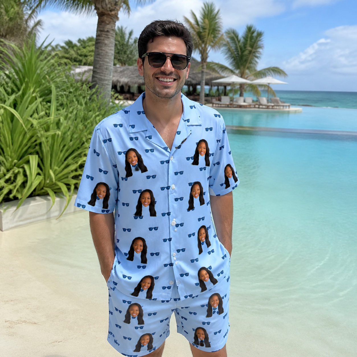 Real-life photo of someone wearing Men's Flirt Filters Custom Face Shirt & Shorts Set — custom faces printed all-over
