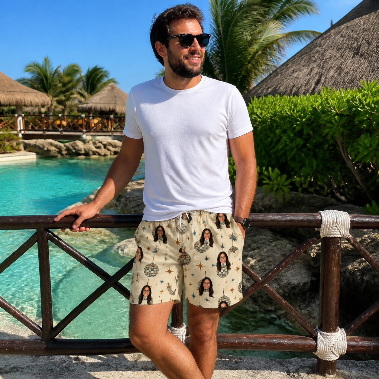Real-life photo of someone wearing Men's Glitz Gals Custom Face Beach Shorts — custom faces printed all-over