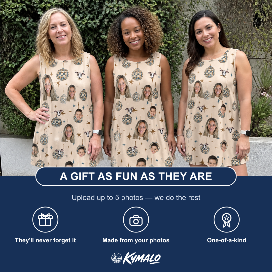 Friends in matching Women's Glitz Gals Custom Face Tank Dress — a group gift photo