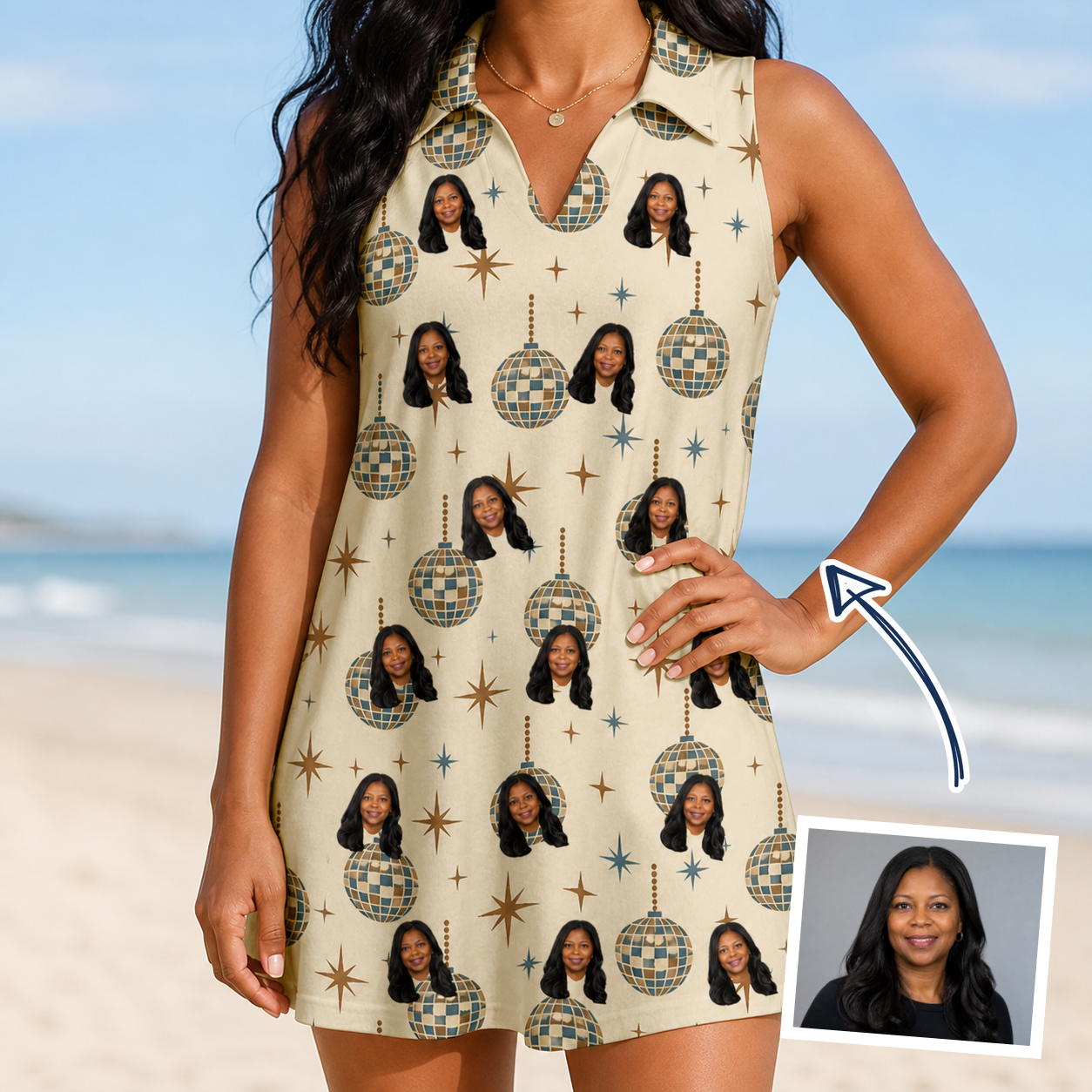 Woman wearing Women's Glitz Gals Custom Face V-Neck Dress — custom faces printed all-over