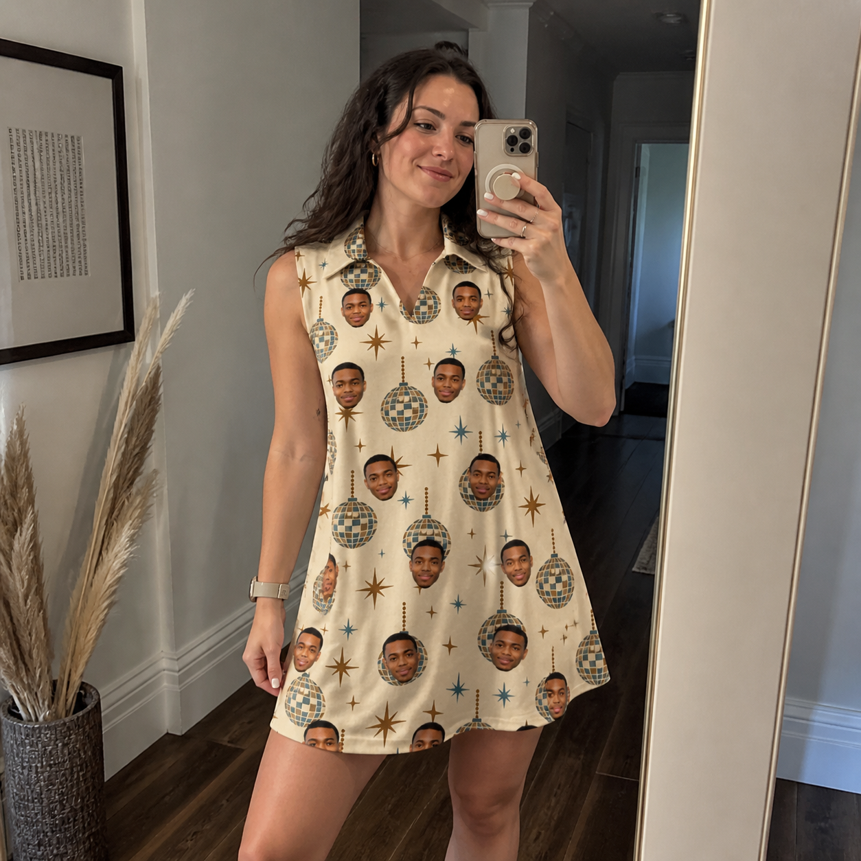 Real-life photo of someone wearing Women's Glitz Gals Custom Face V-Neck Dress — custom faces printed all-over