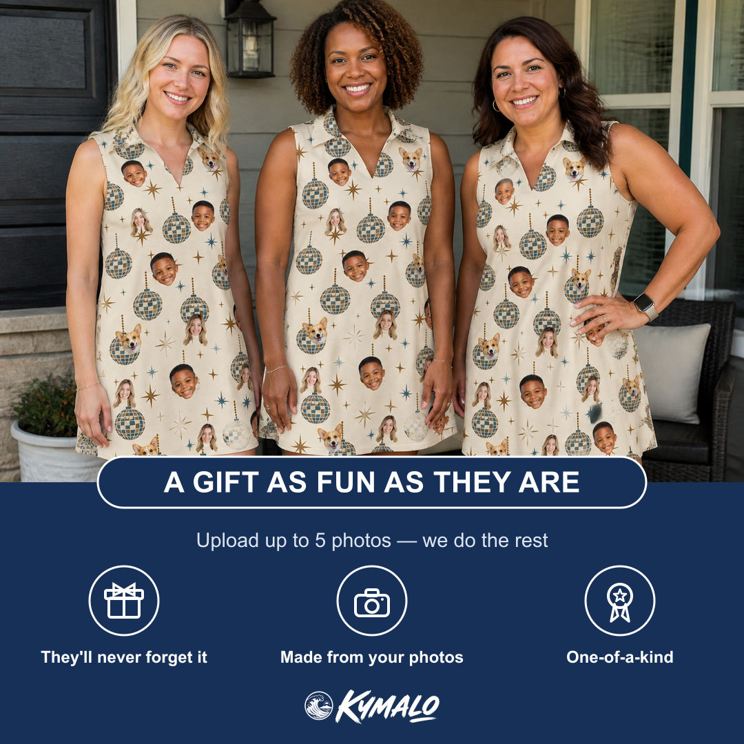 Friends in matching Women's Glitz Gals Custom Face V-Neck Dress — a group gift photo