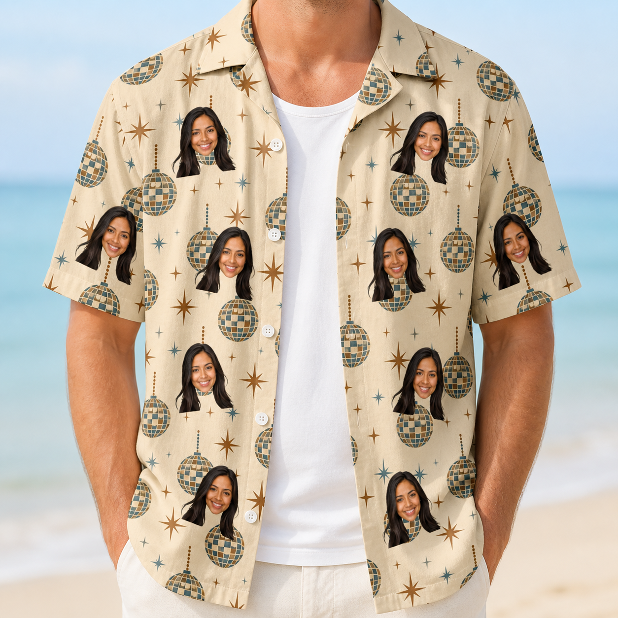 Man wearing Men's Glitz Gals Custom Face Hawaiian Shirt open over a white tee