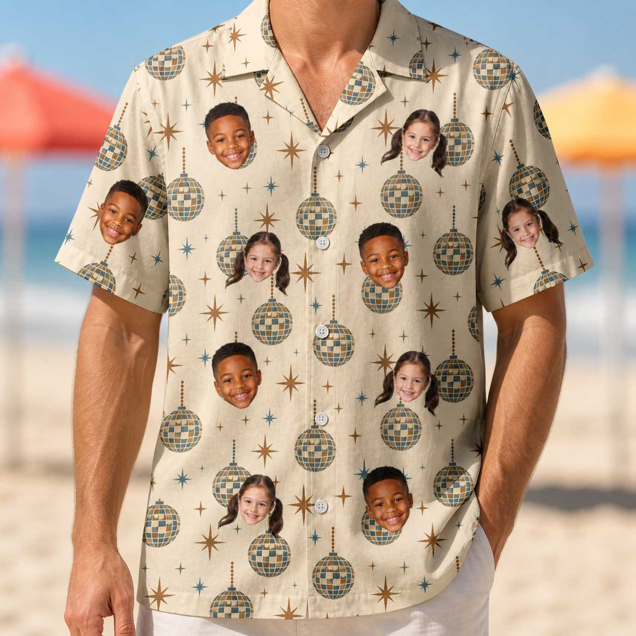 Model wearing Men's Glitz Gals Custom Face Hawaiian Shirt printed with kids' faces