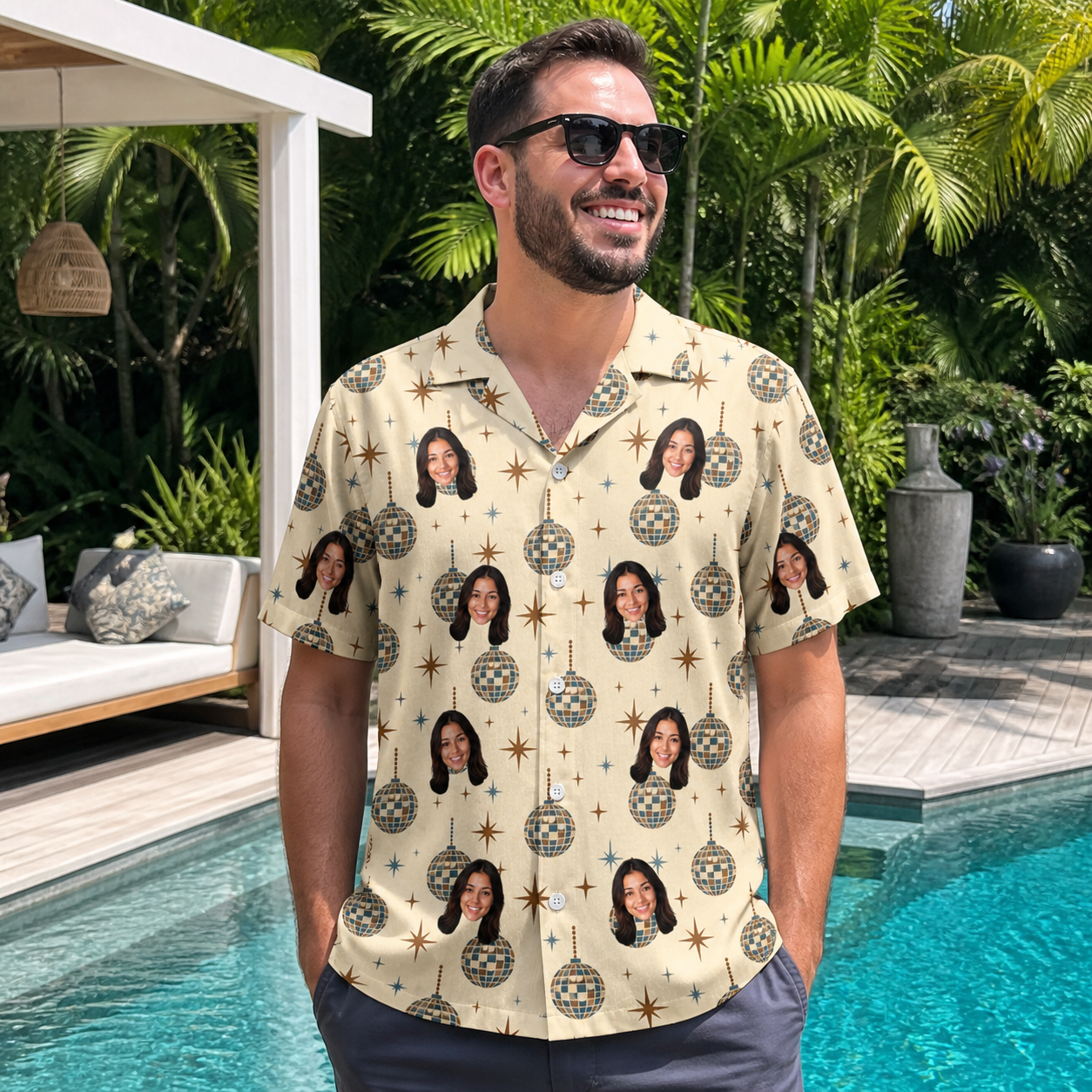 Real-life photo of someone wearing Men's Glitz Gals Custom Face Hawaiian Shirt — custom faces printed all-over