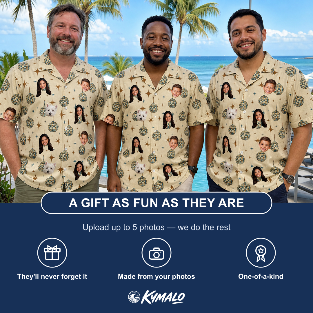 Friends in matching Men's Glitz Gals Custom Face Hawaiian Shirt — a group gift photo