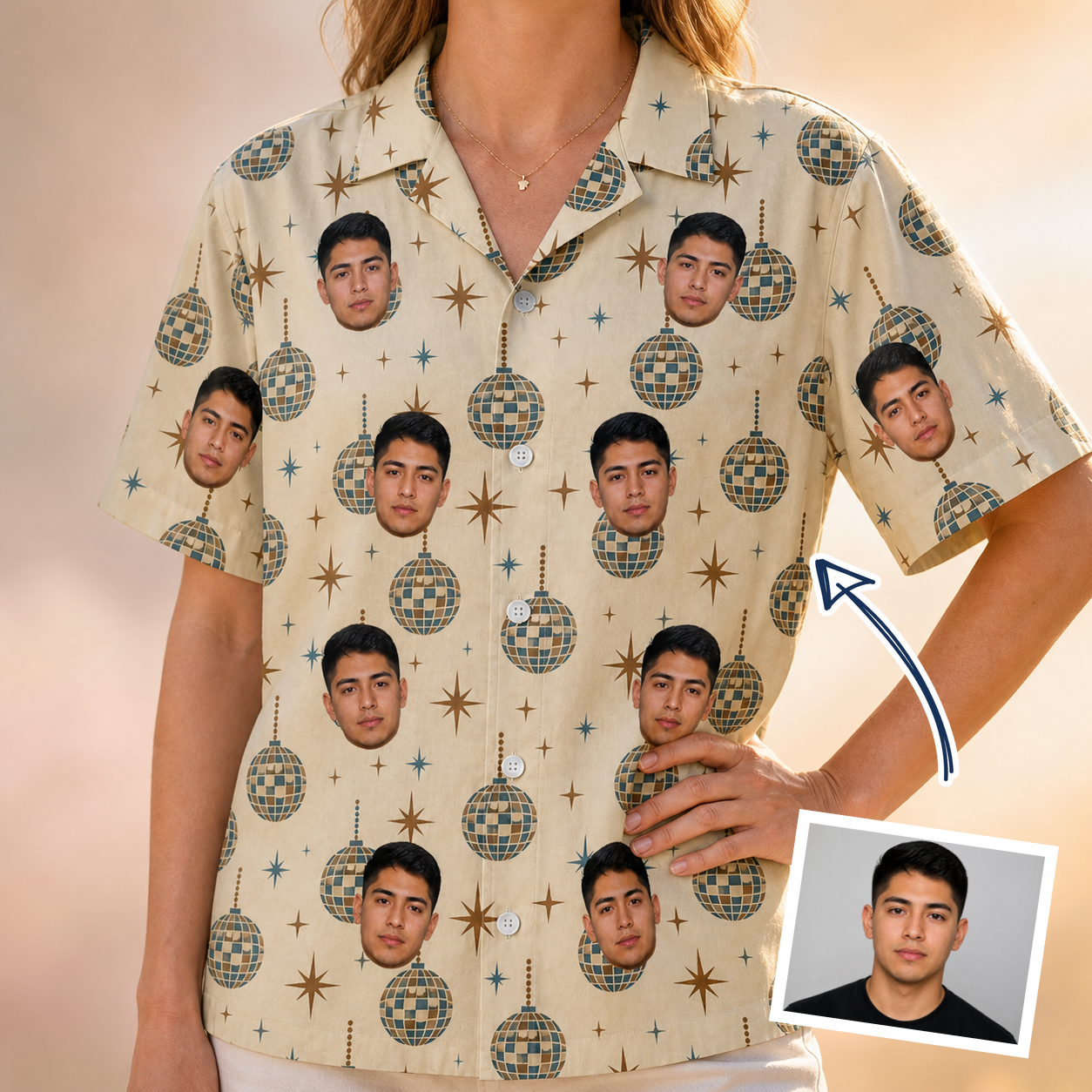 Woman wearing Women's Glitz Gals Custom Face Hawaiian Shirt — custom faces printed all-over