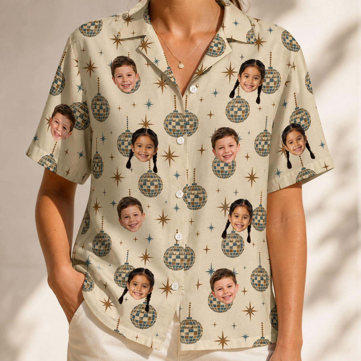 Model wearing Women's Glitz Gals Custom Face Hawaiian Shirt printed with kids' faces
