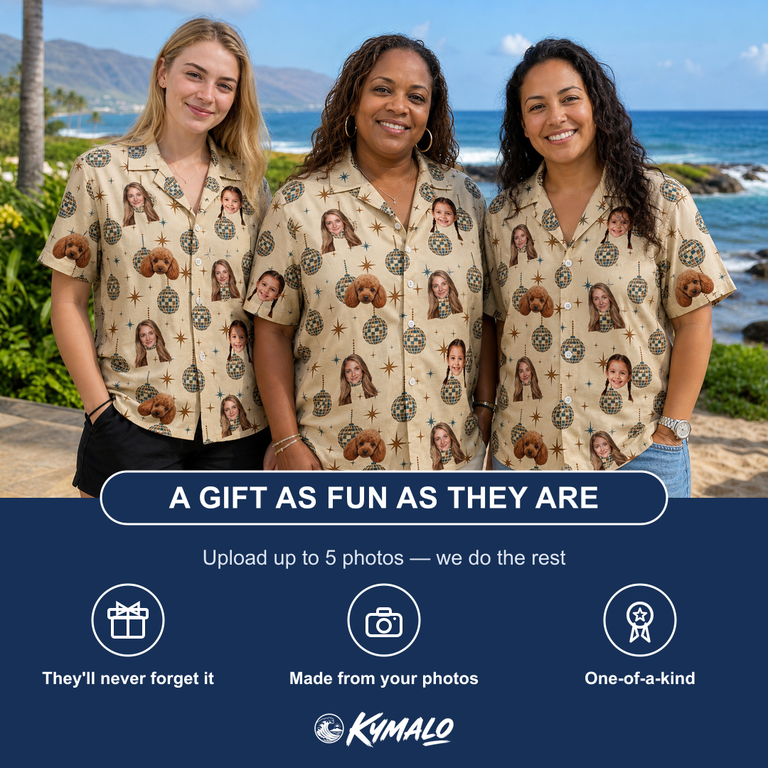 Friends in matching Women's Glitz Gals Custom Face Hawaiian Shirt — a group gift photo