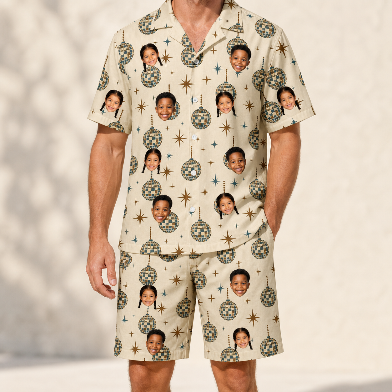 Model wearing Men's Glitz Gals Custom Face Shirt & Shorts Set printed with kids' faces