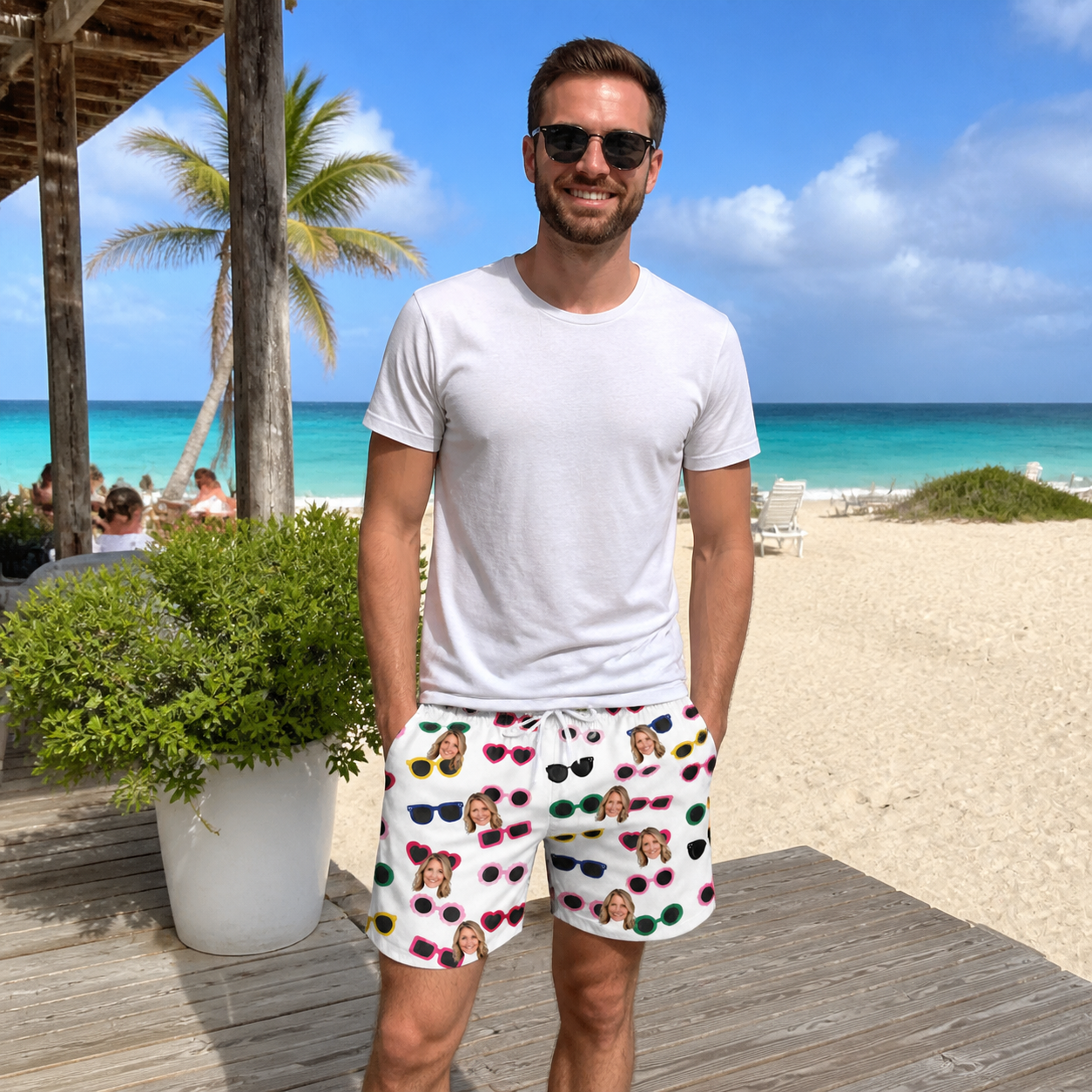 Real-life photo of someone wearing Men's Vow Visors Custom Face Beach Shorts — custom faces printed all-over