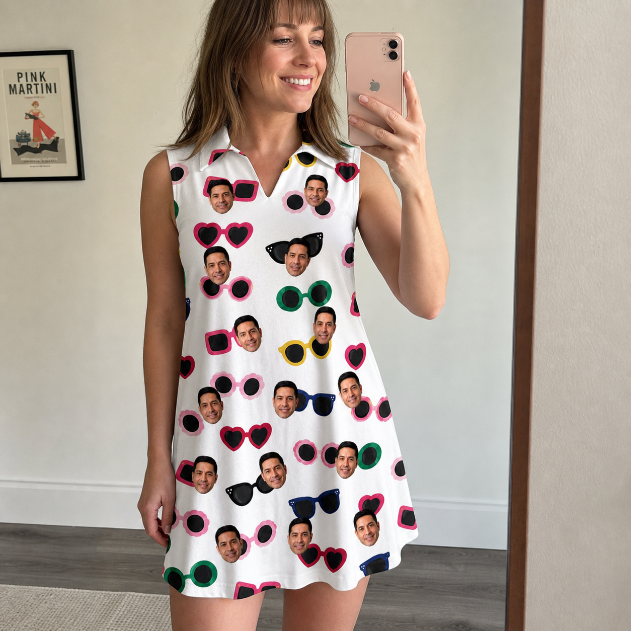 Real-life photo of someone wearing Women's Vow Visors Custom Face V-Neck Dress — custom faces printed all-over