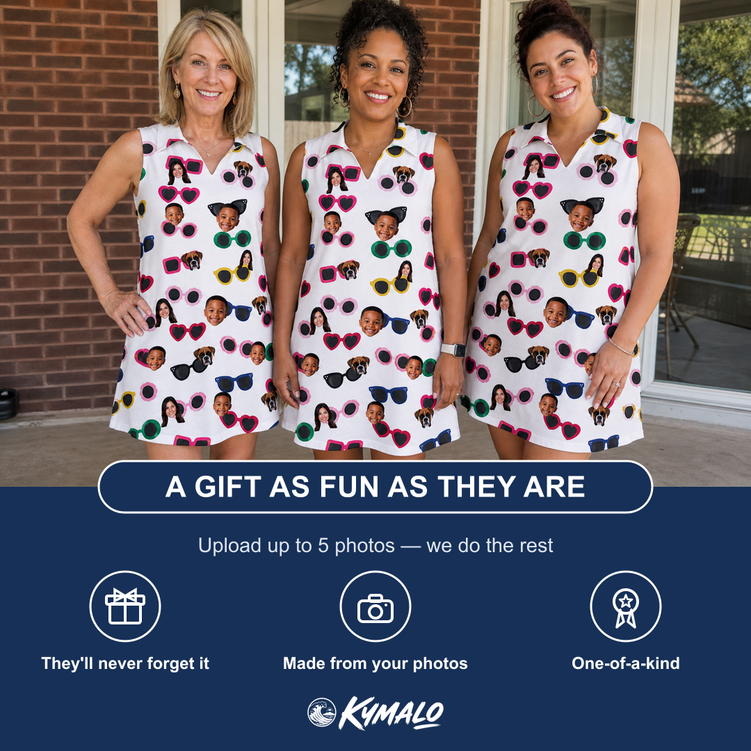 Friends in matching Women's Vow Visors Custom Face V-Neck Dress — a group gift photo