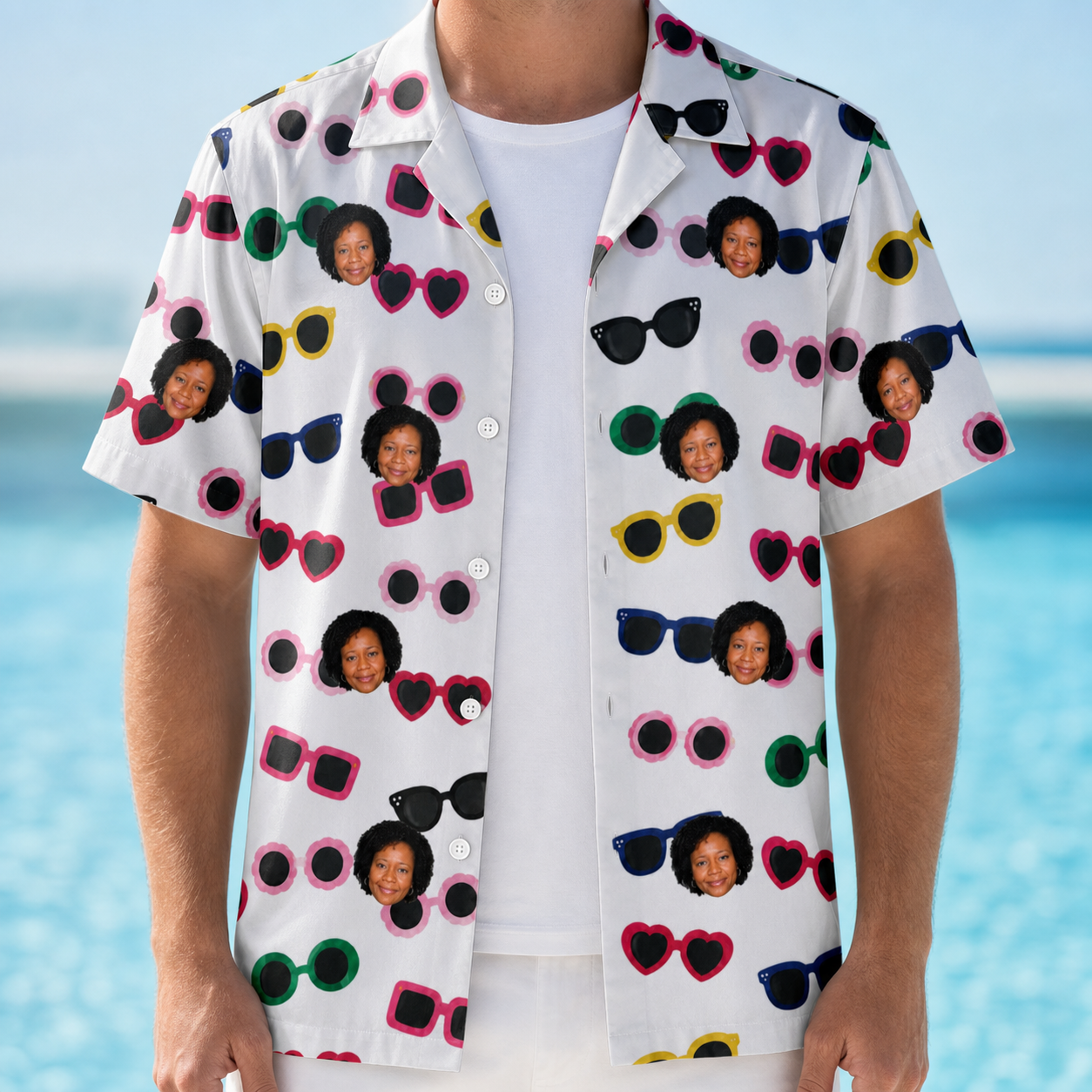 Man wearing Men's Vow Visors Custom Face Hawaiian Shirt open over a white tee