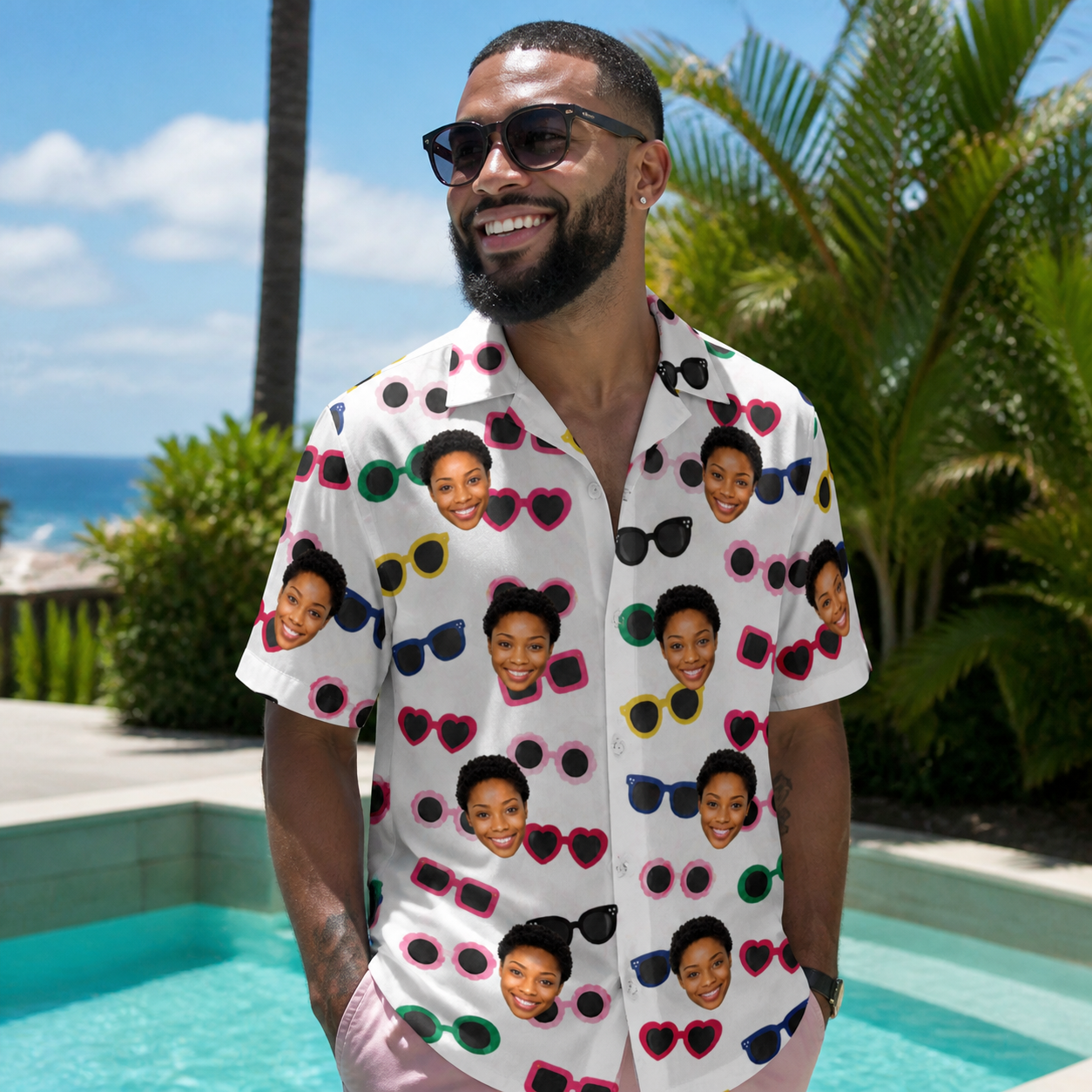 Real-life photo of someone wearing Men's Vow Visors Custom Face Hawaiian Shirt — custom faces printed all-over
