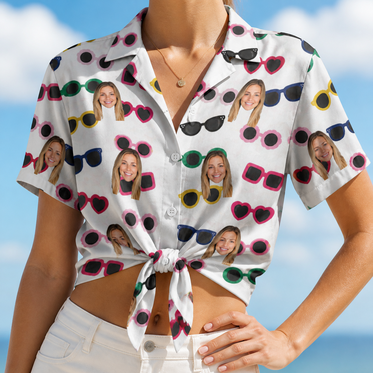 Woman wearing Women's Vow Visors Custom Face Hawaiian Shirt tied at the waist