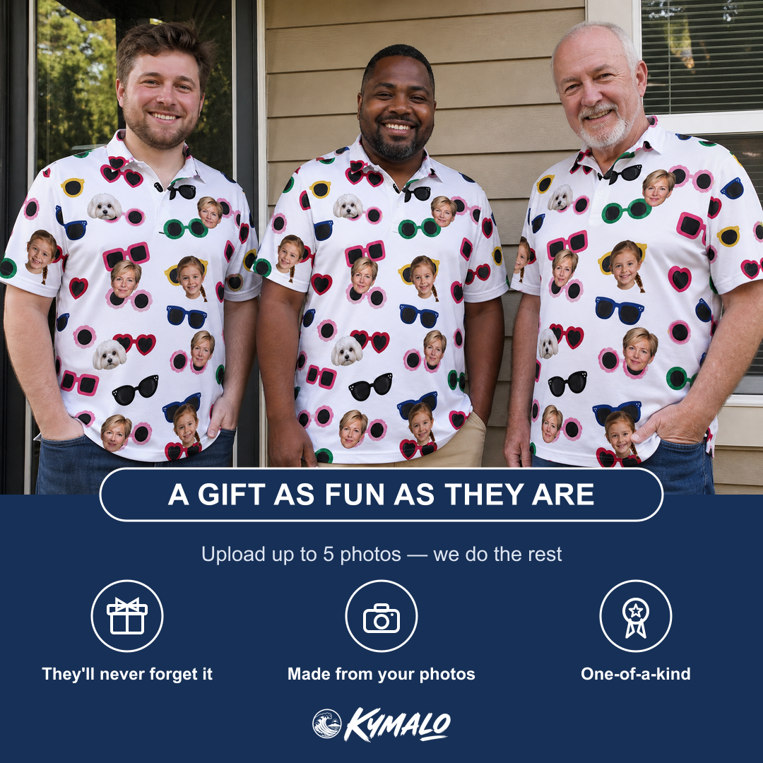 Friends in matching Men's Vow Visors Custom Face Polo Shirt — a group gift photo