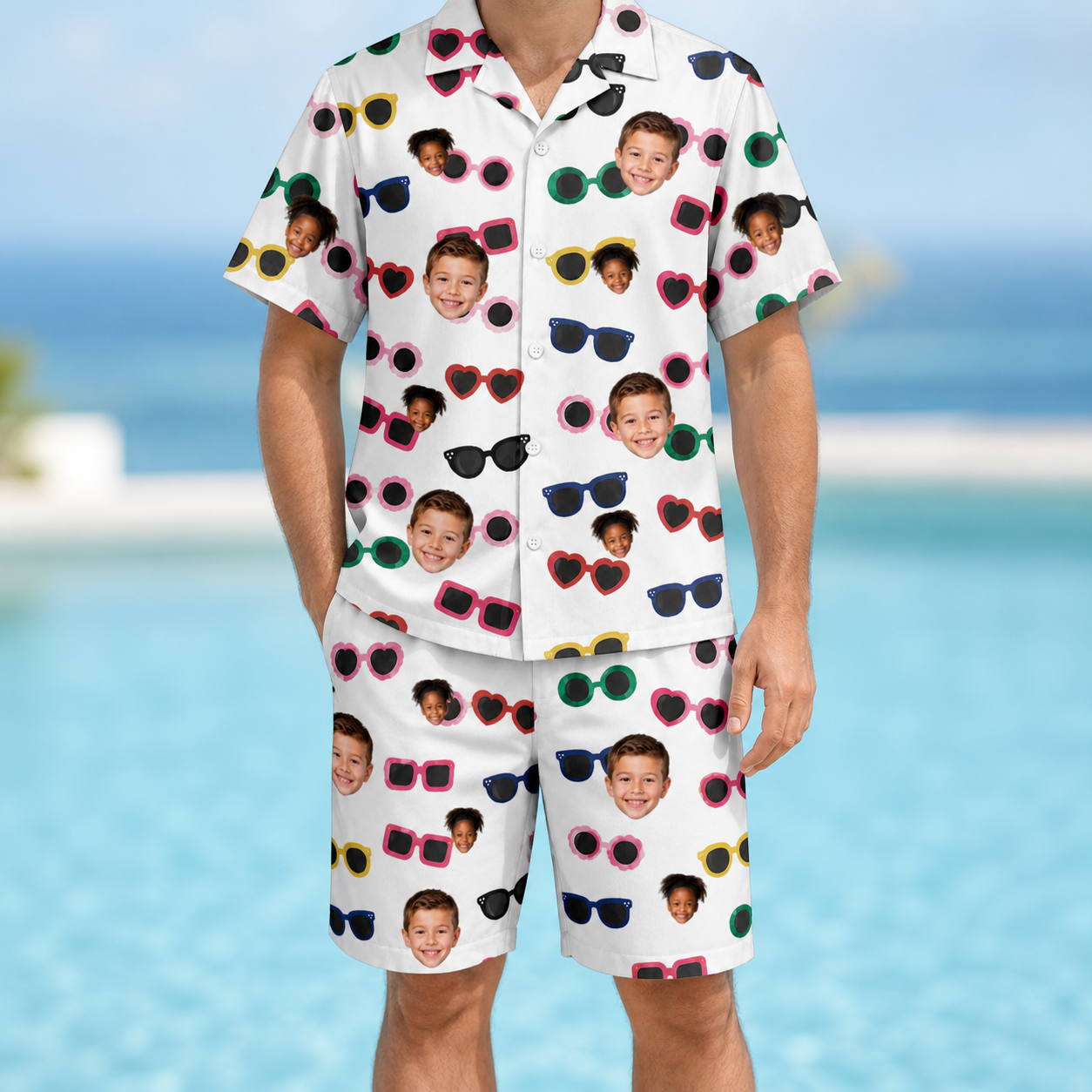 Model wearing Men's Vow Visors Custom Face Shirt & Shorts Set printed with kids' faces