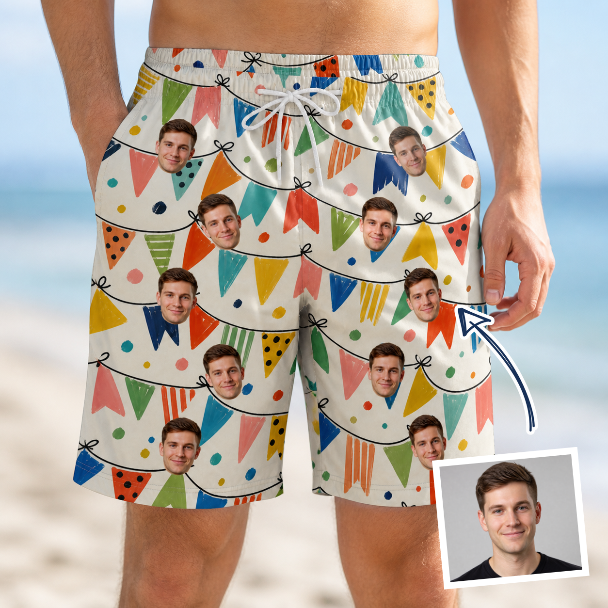 Man wearing Men's Tulle Tumble Custom Face Beach Shorts — custom faces printed all-over