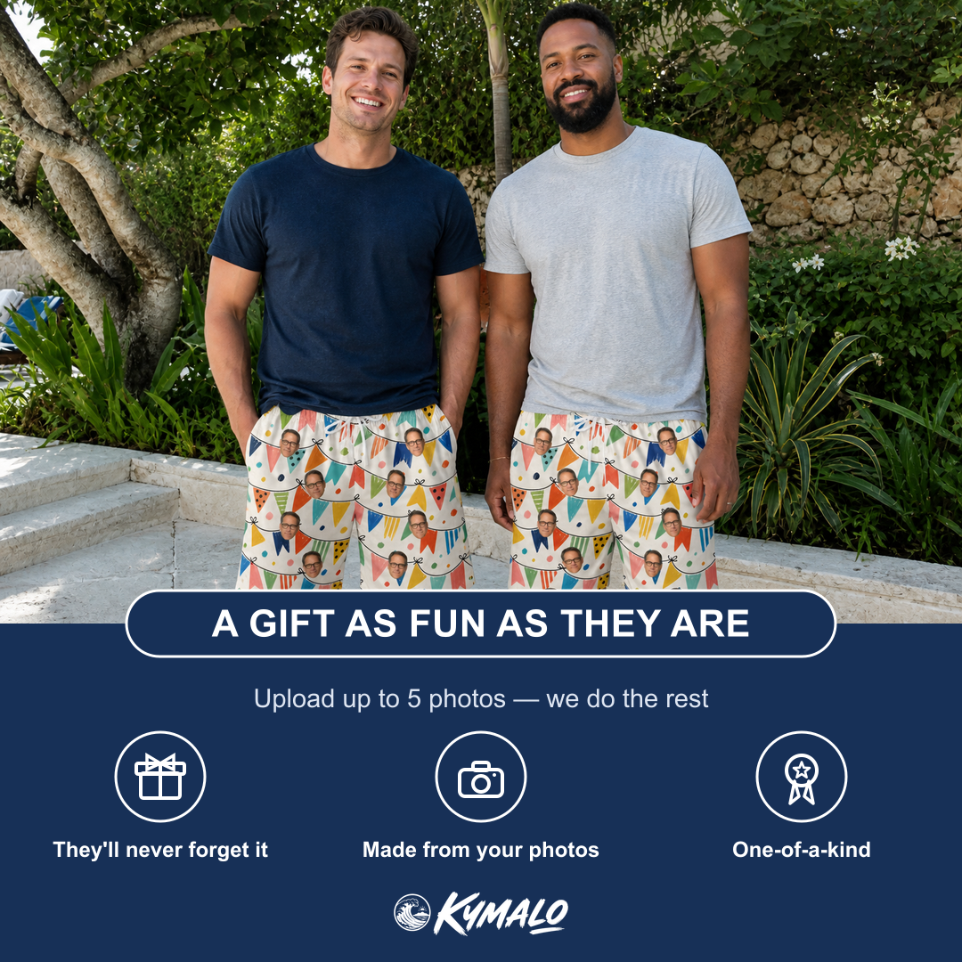 Friends in matching Men's Tulle Tumble Custom Face Beach Shorts — a group gift photo