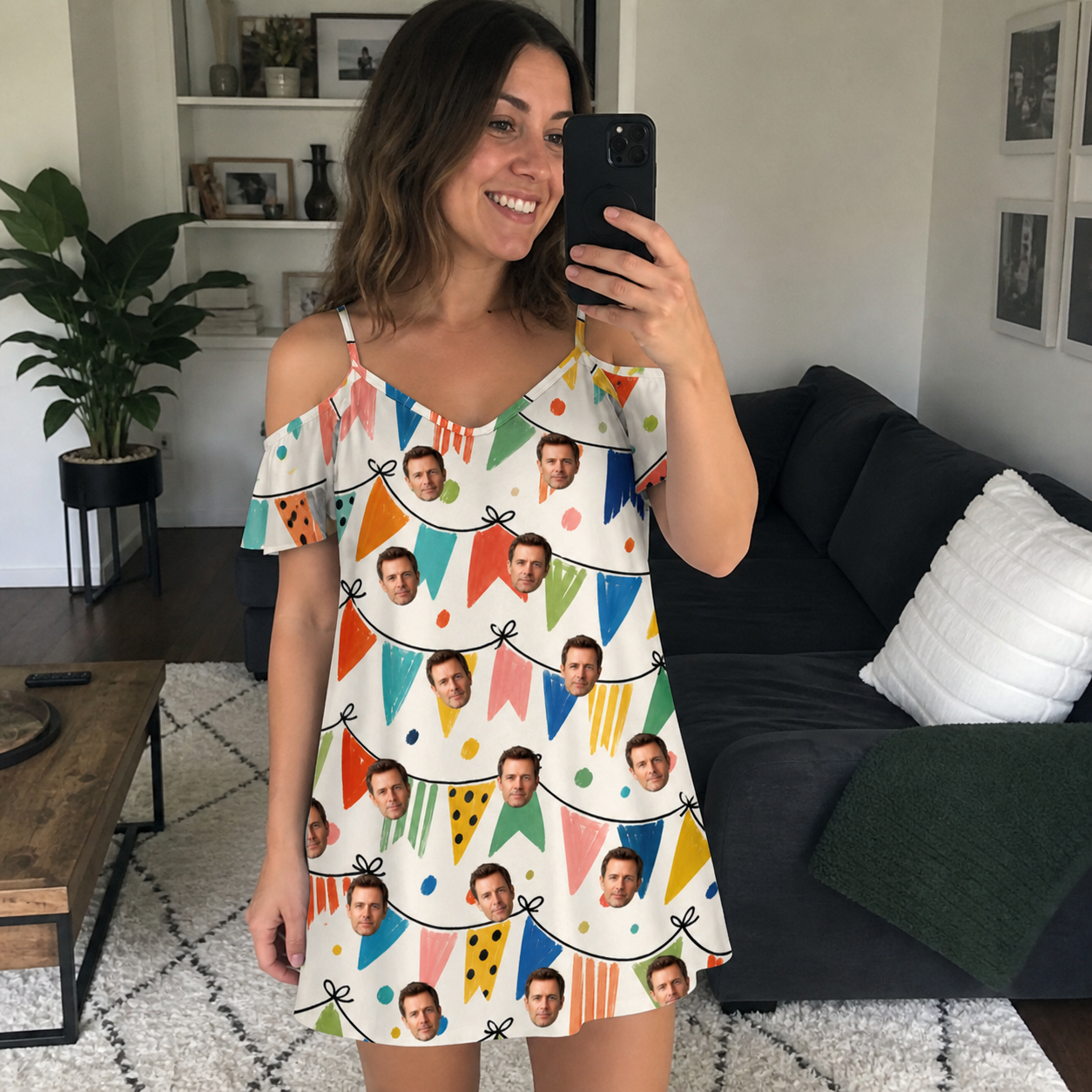 Real-life photo of someone wearing Women's Tulle Tumble Custom Face Off-Shoulder Dress — custom faces printed all-over