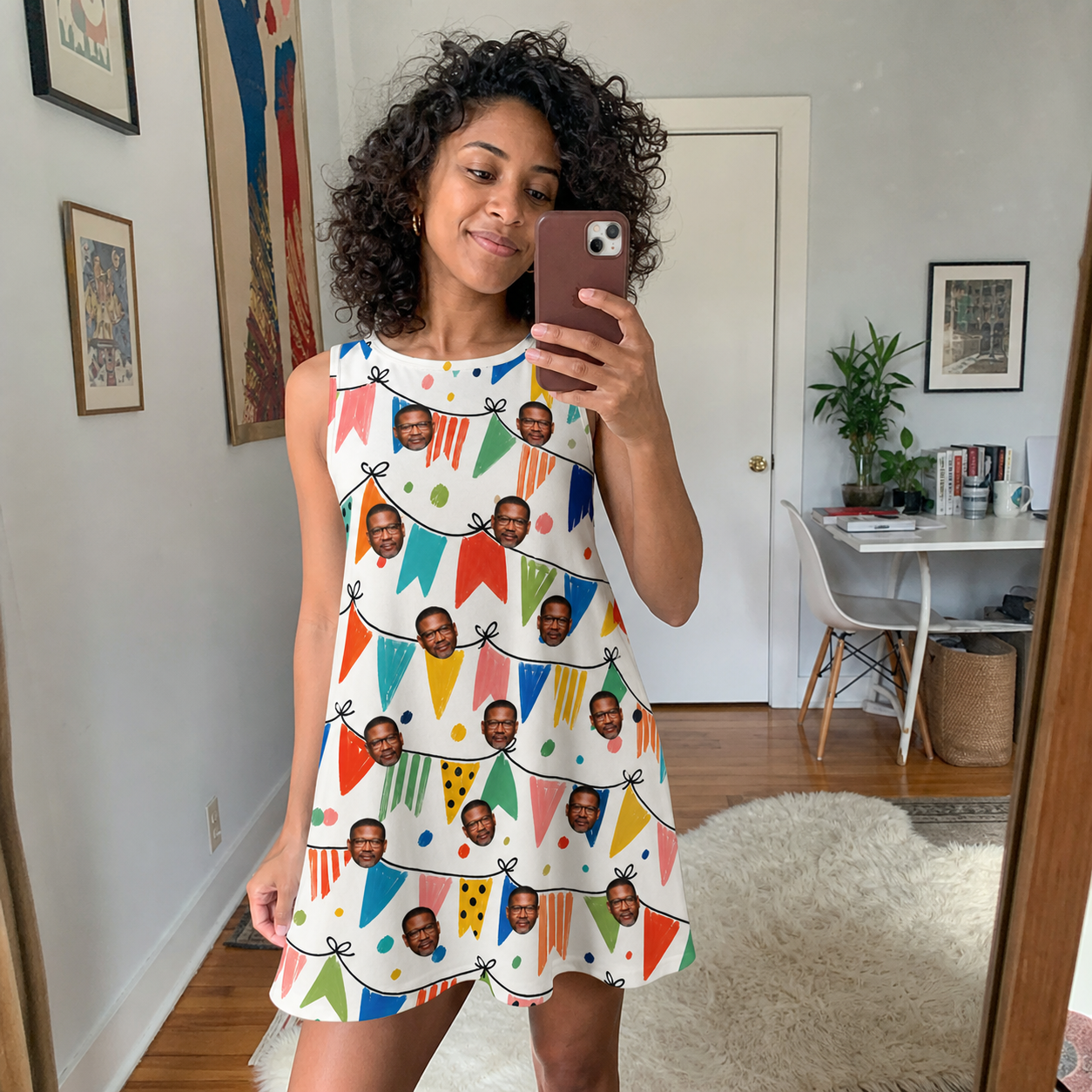 Real-life photo of someone wearing Women's Tulle Tumble Custom Face Tank Dress — custom faces printed all-over